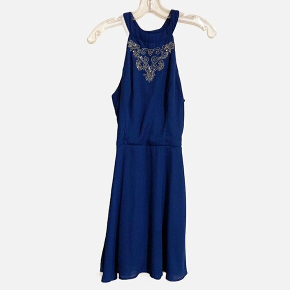 Embellished Blue Halter Knit Lined Sleeveless Keyhole back Midi Dress. Size XS - Picture 1 of 9